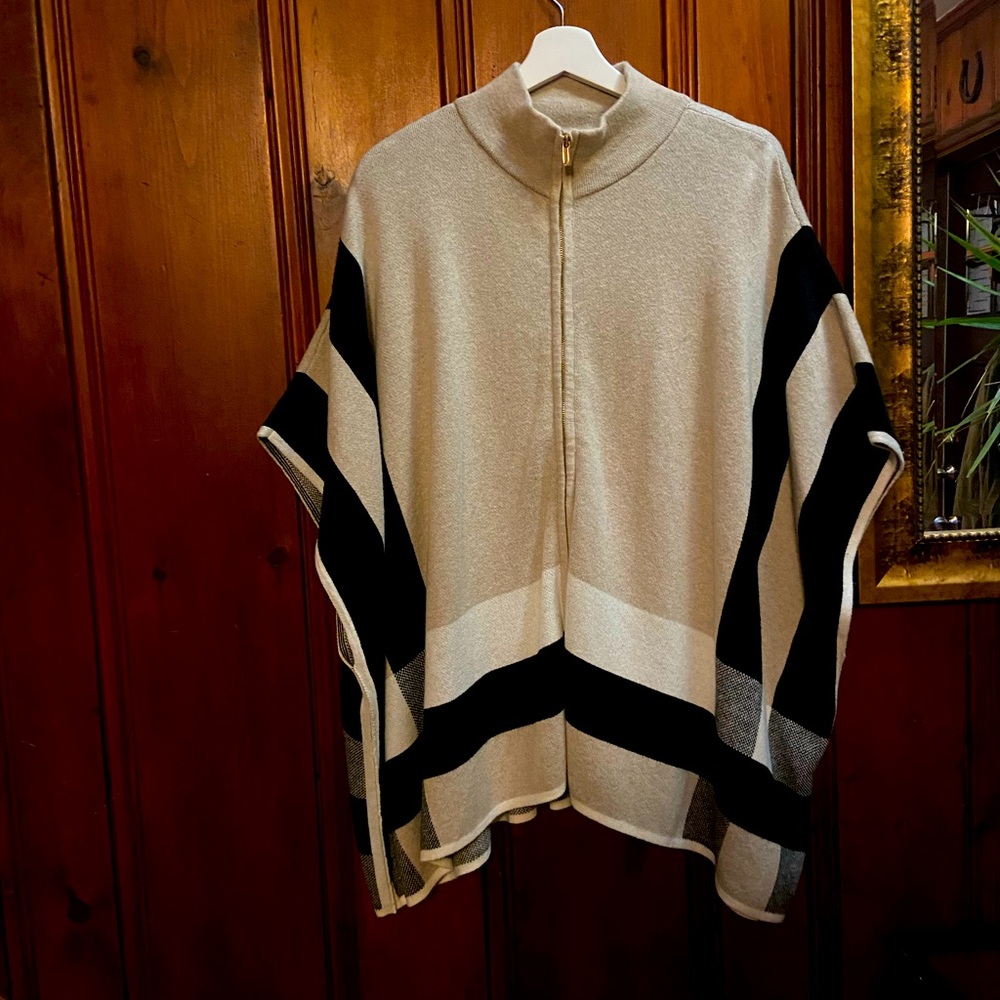 Jones New York Cream and Black Striped Zip Poncho